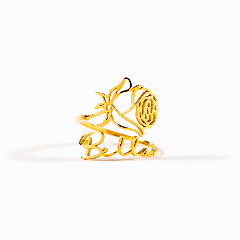 Personalized Birth Flower Name Ring