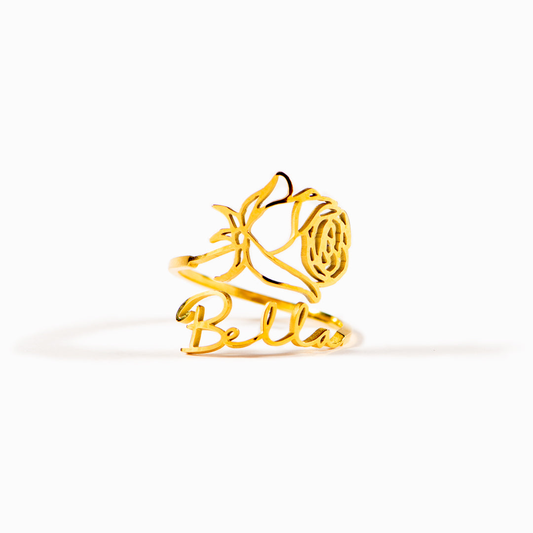 Personalized Birth Flower Name Ring