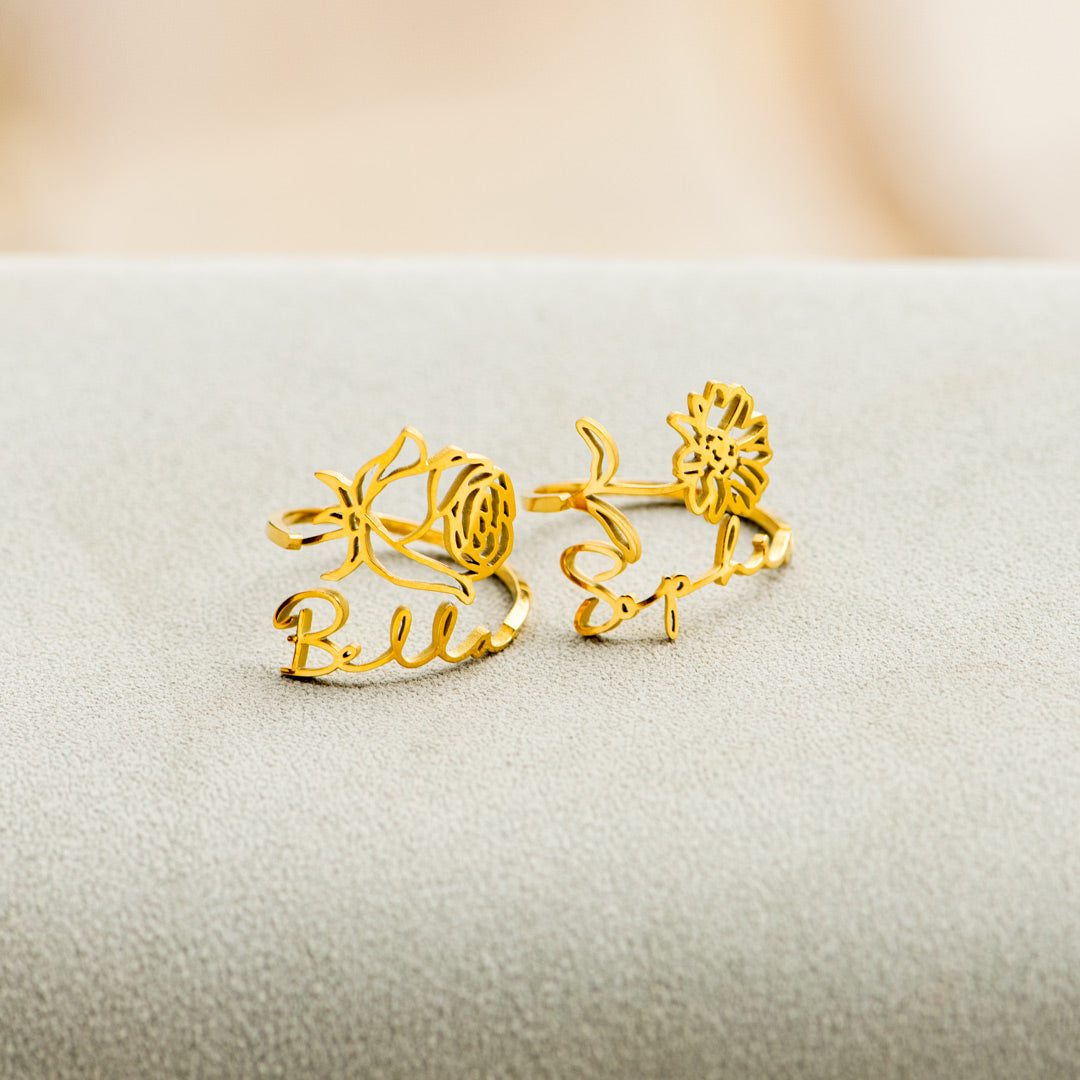 Personalized Birth Flower Name Ring