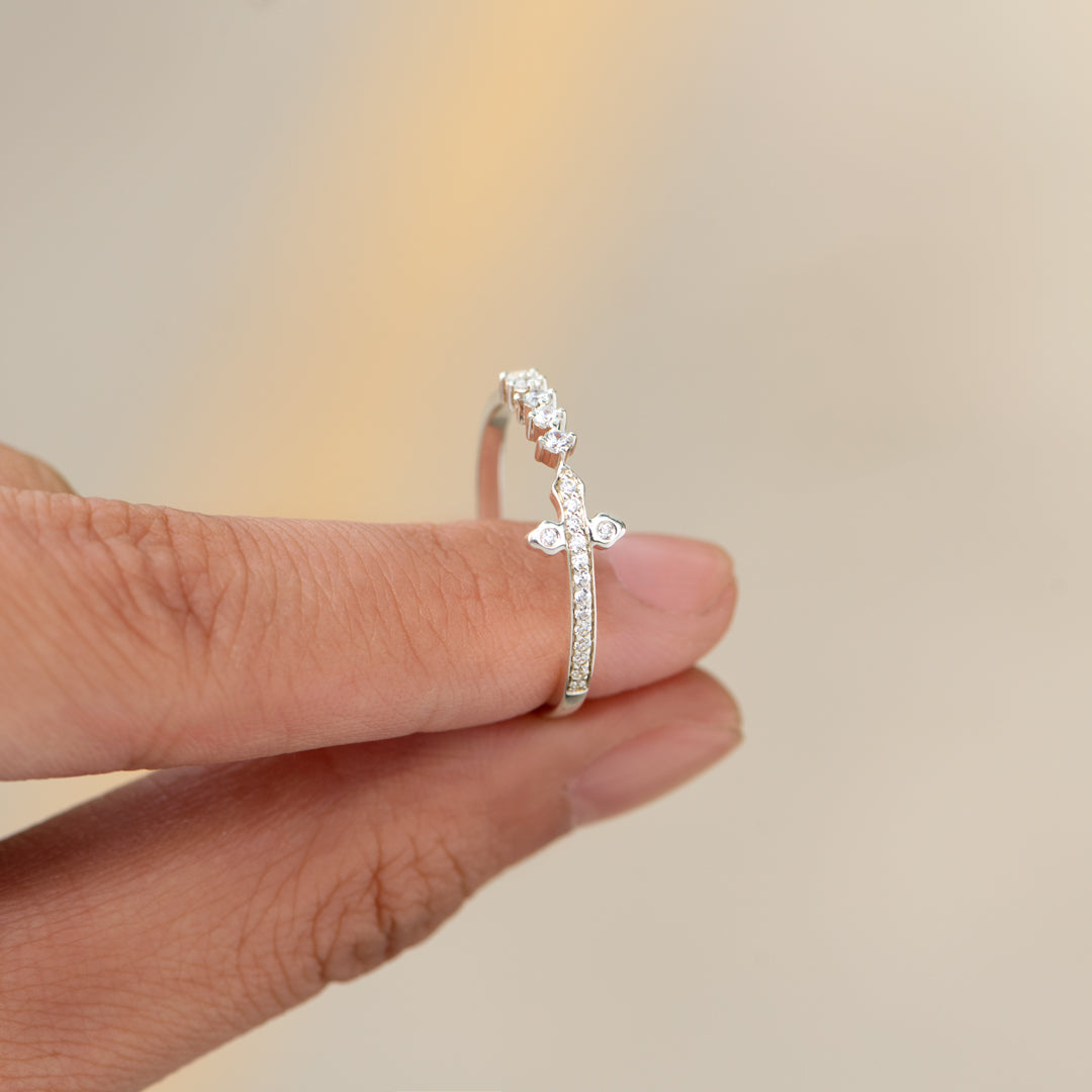 Remember God Is In Control Pavé Sideways Cross Ring
