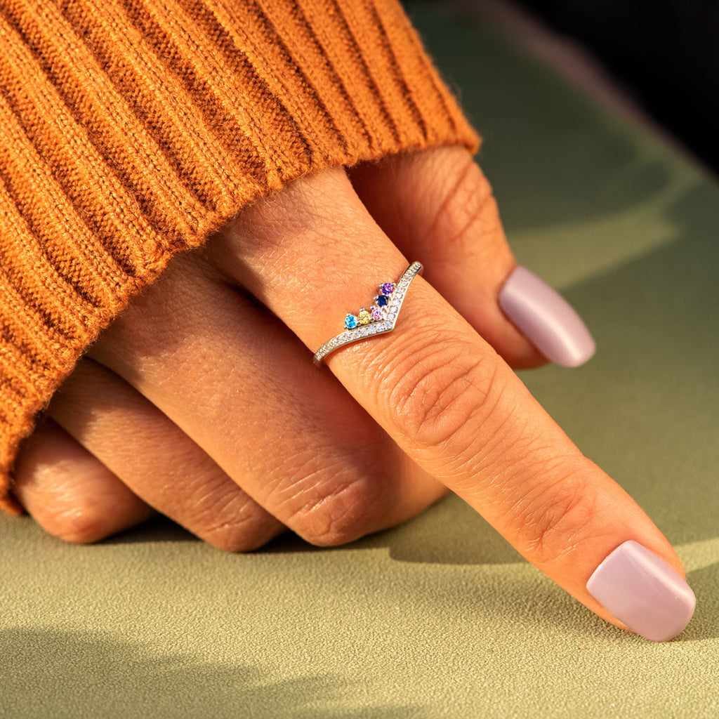 Personalized 1-6 Birthstones Chevron Pavé Ring