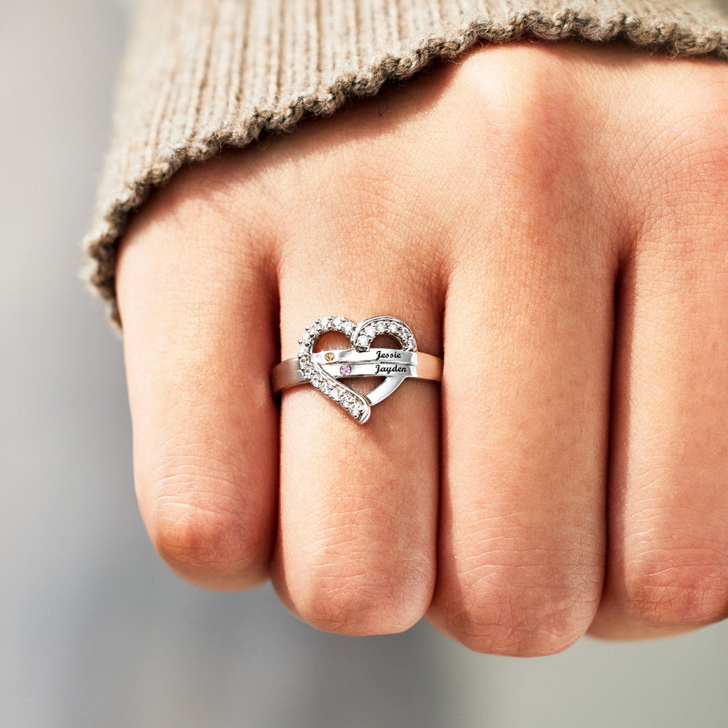 We're A Team Two Names&Birthstones Heart Ring