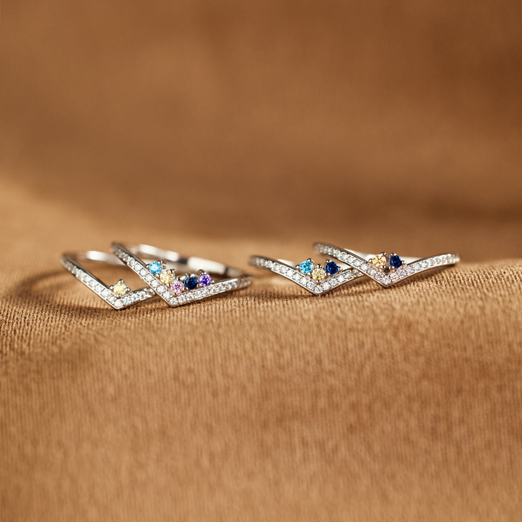 Personalized 1-8 Birthstones Chevron Pavé Ring