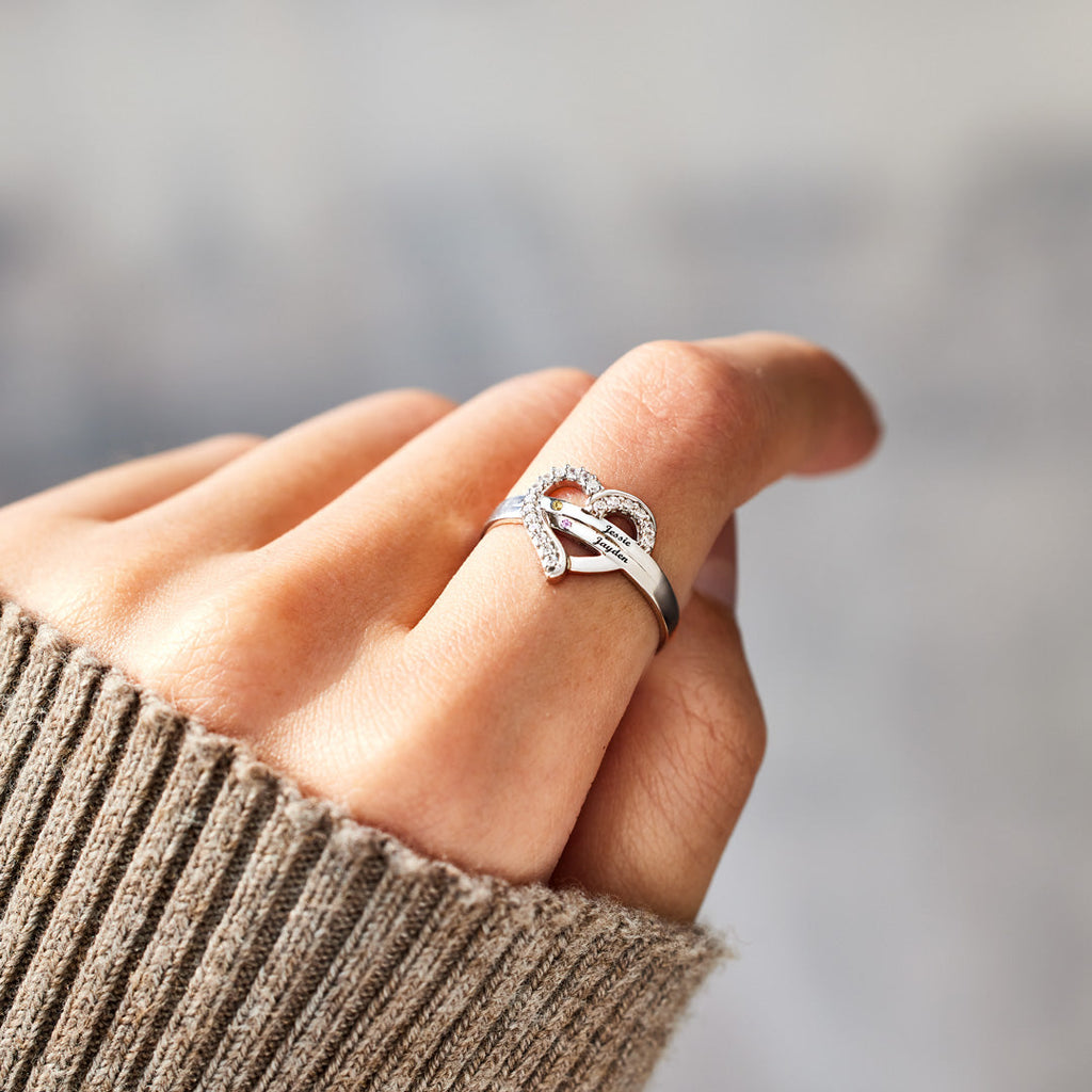 We're A Team Two Names&Birthstones Heart Ring