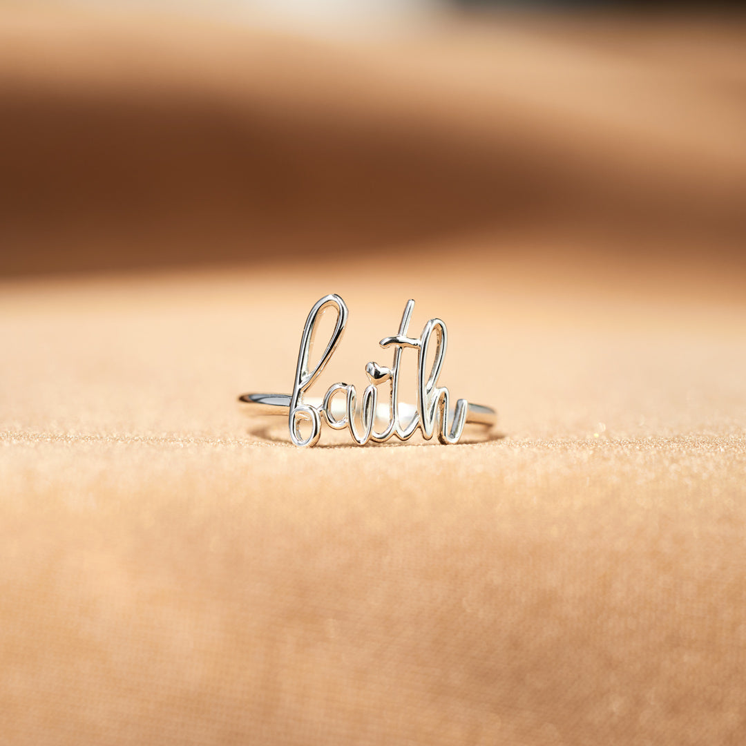 God Works Faith Cursive Letter Ring