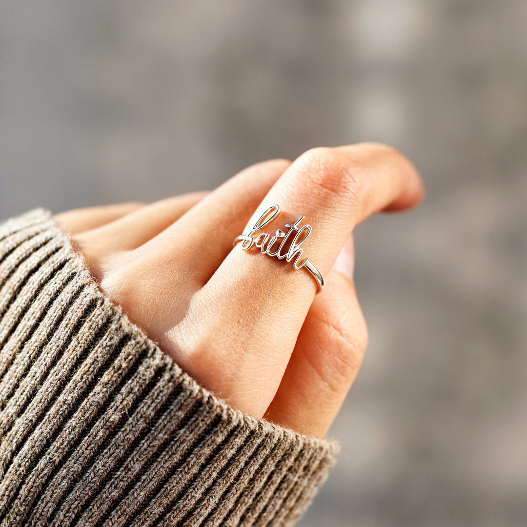 God Works Faith Cursive Letter Ring