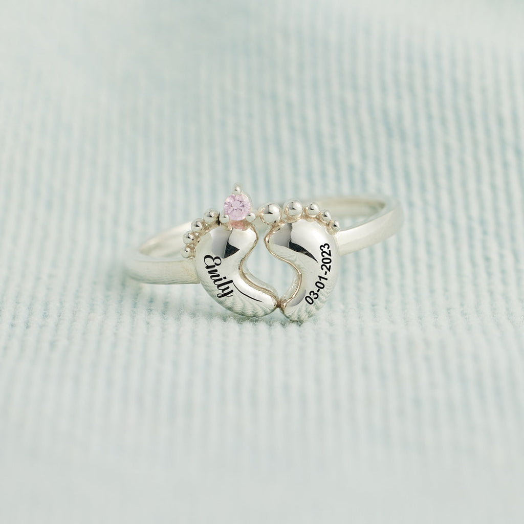 Custom Birthstone Baby Footprint Ring with Baby Name Personalized Gift For New Mom