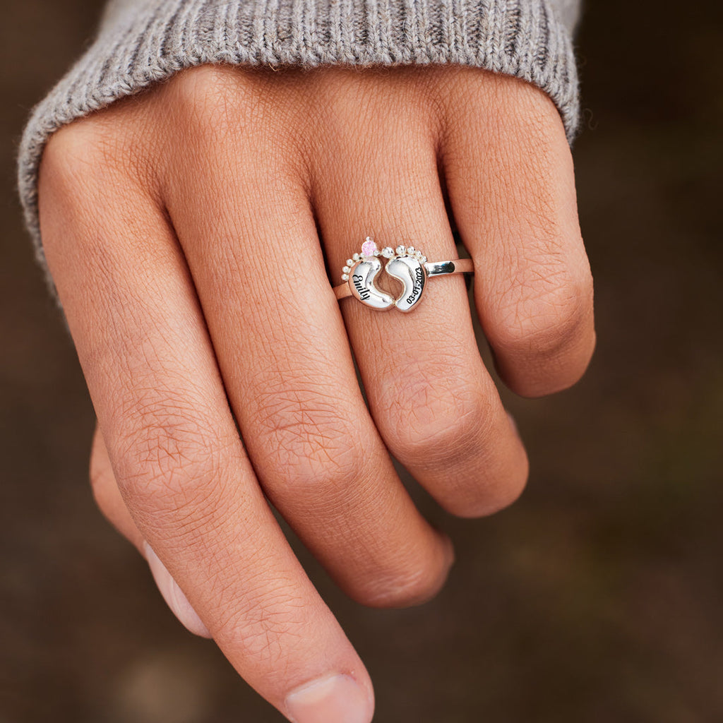 Custom Birthstone Baby Footprint Ring with Baby Name Personalized Gift For New Mom